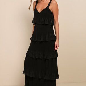 Lulus Elegant Nature Black Pleated Sleeveless Tiered Maxi Dress - Size M